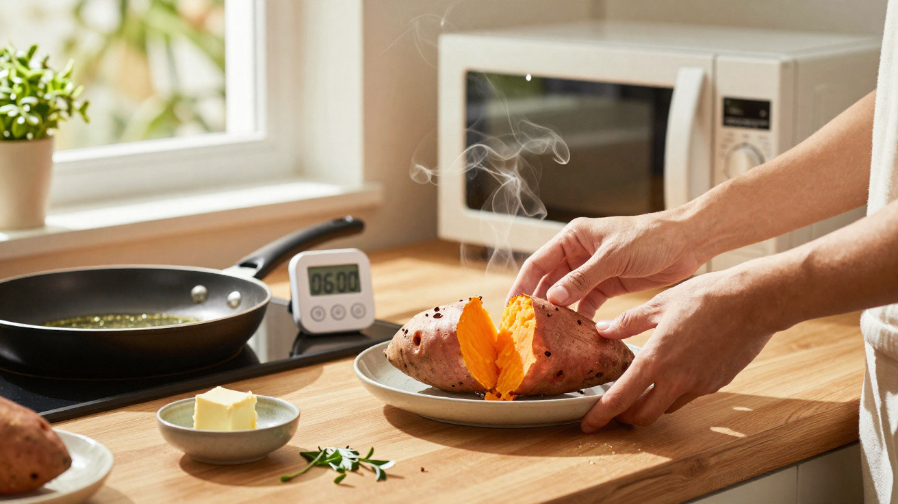 Person breaking open a steaming baked sweet potato on a plate in a kitchen with a frying pan and timer.