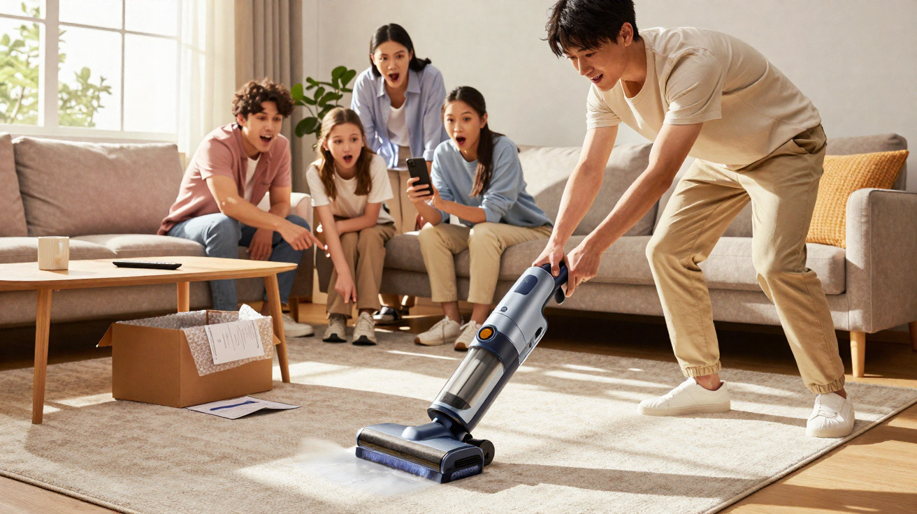 A man vacuuming a carpet while four people sitting on a sofa watch with surprise and excitement.