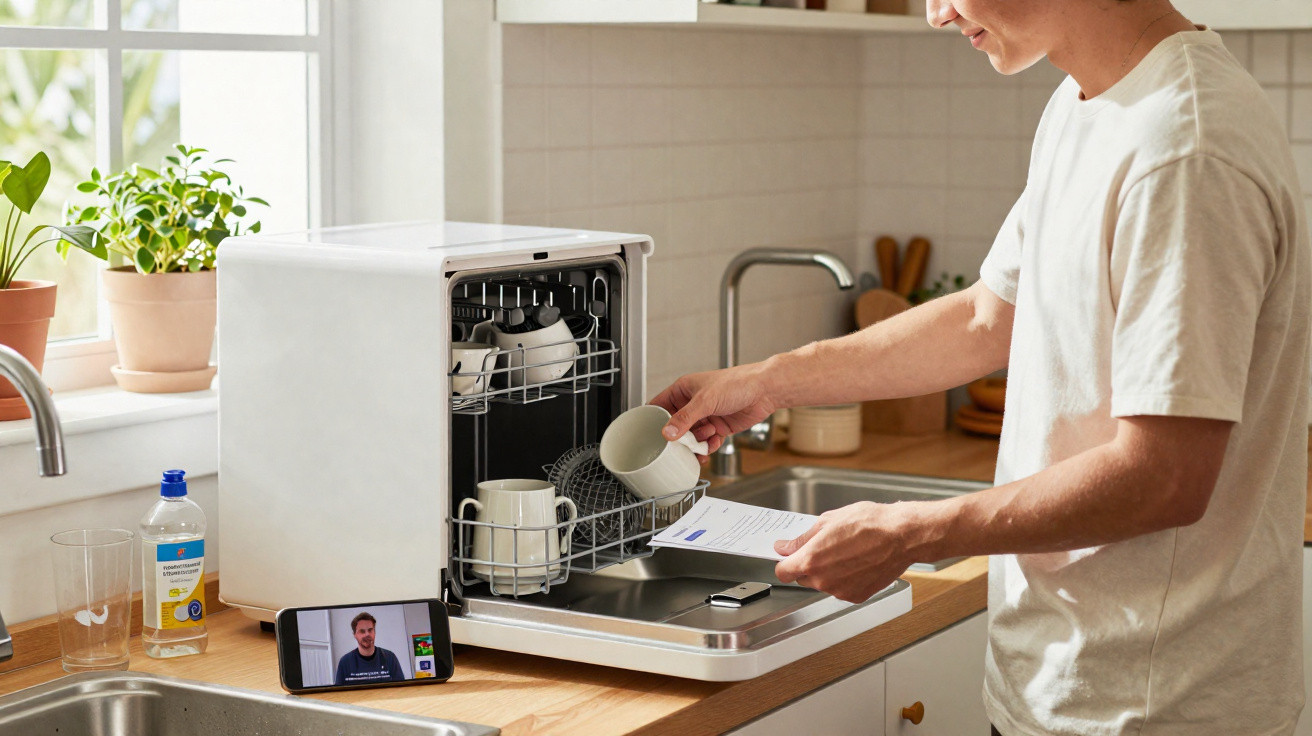 Person loading a small dishwasher with mugs in a bright kitchen next to a phone displaying a video call.