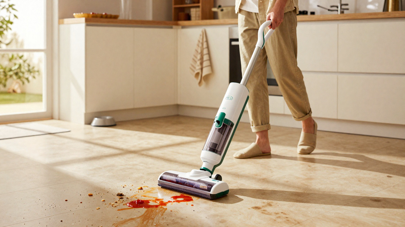 Person using a cordless vacuum cleaner to clean spilled liquid and debris on a tiled kitchen floor.