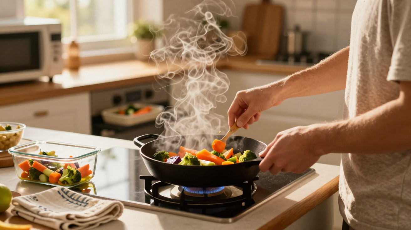 Person stir-frying mixed vegetables in a pan on a gas stove with steam rising in a modern kitchen.