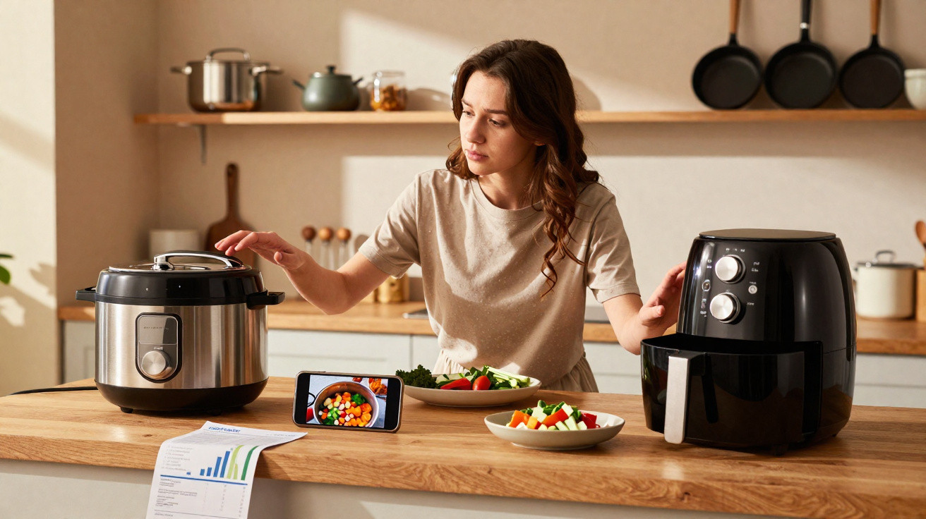 Woman comparing air fryer and pressure cooker in kitchen with bowls of vegetables and recipe on phone screen.