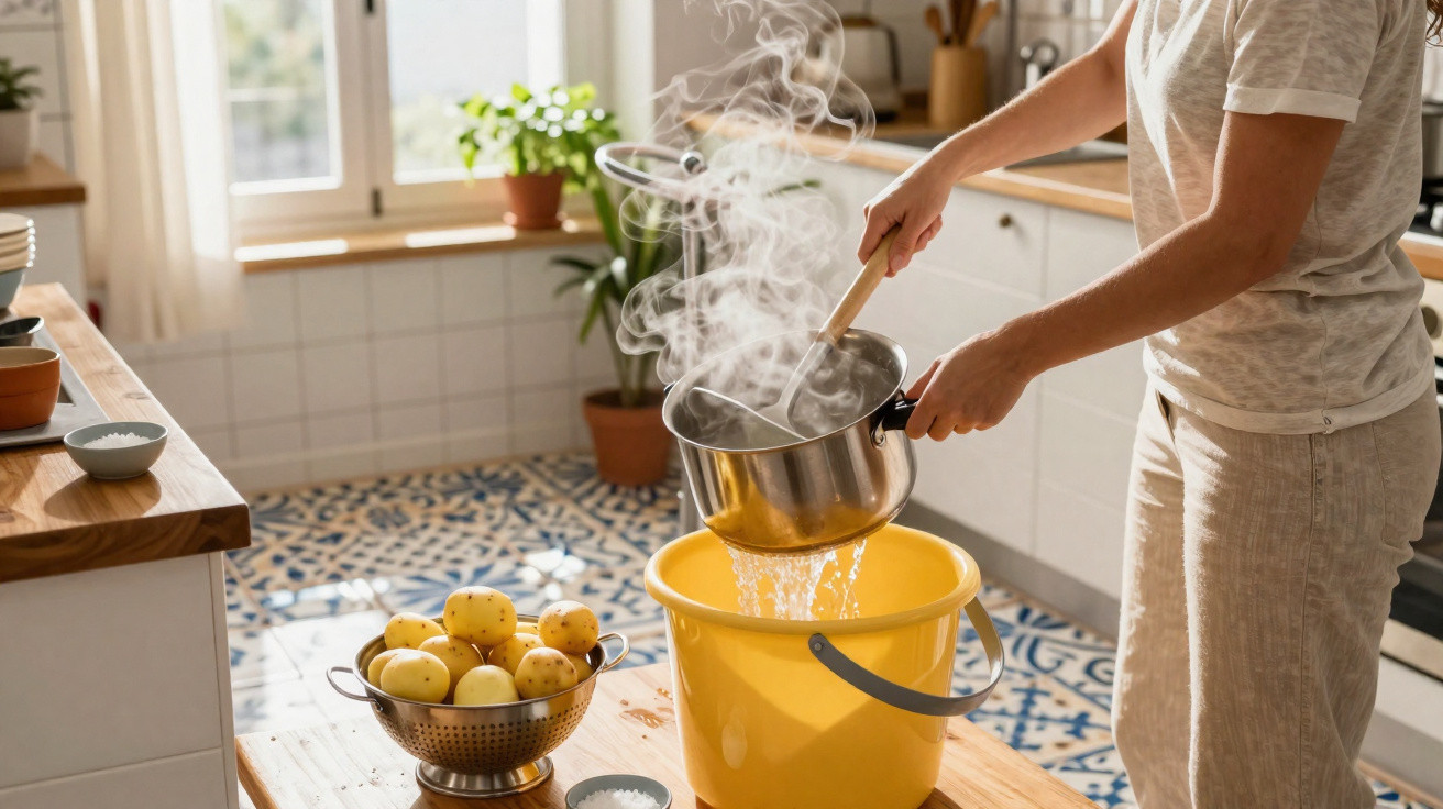 Person pouring steaming water from a pot into a yellow bucket in a bright kitchen with potatoes on the table.