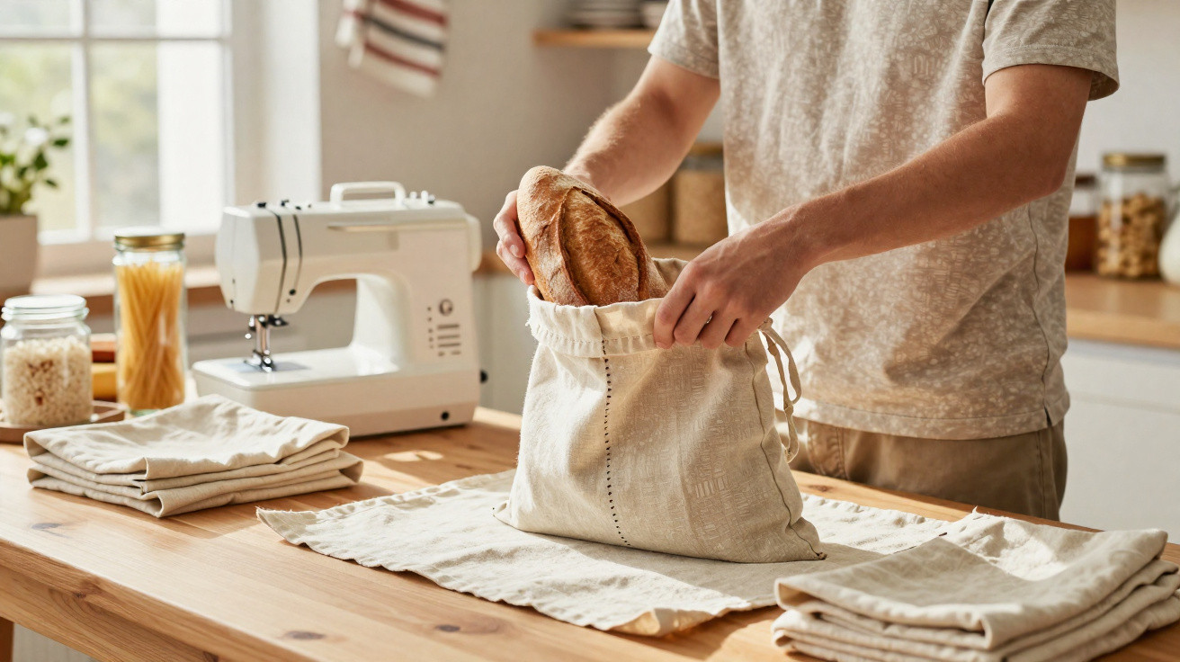 Person placing a loaf of bread into a reusable cloth bag on a wooden kitchen table near a sewing machine.