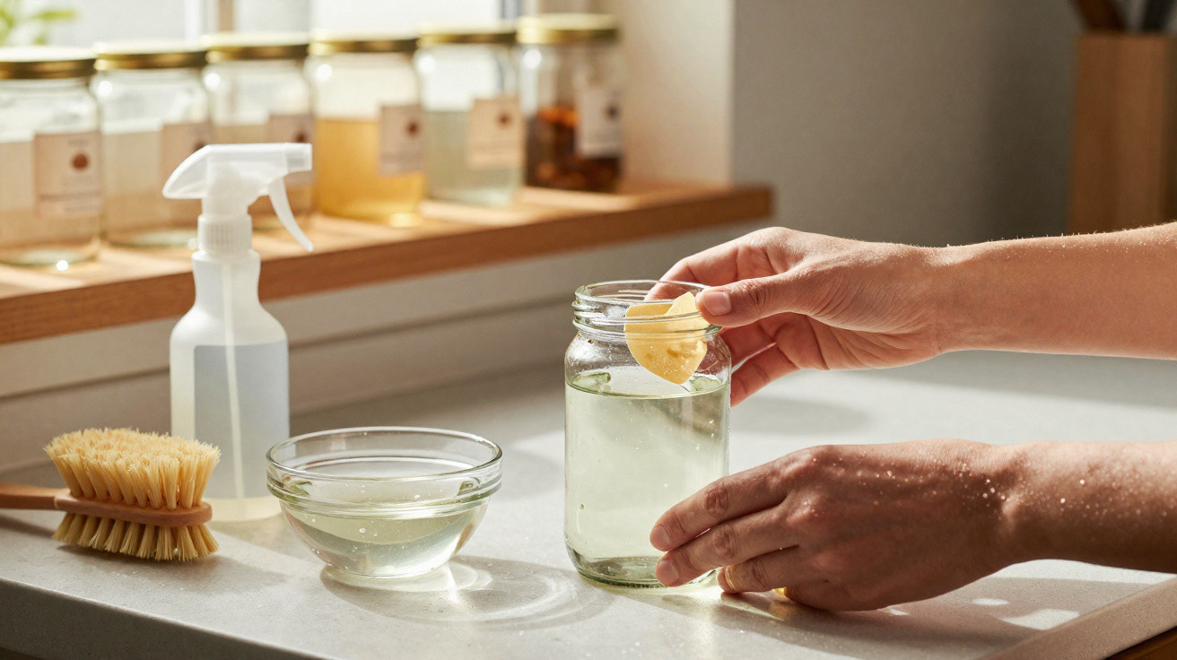 Hands placing a lemon slice into a jar of water on a kitchen countertop with cleaning supplies nearby.