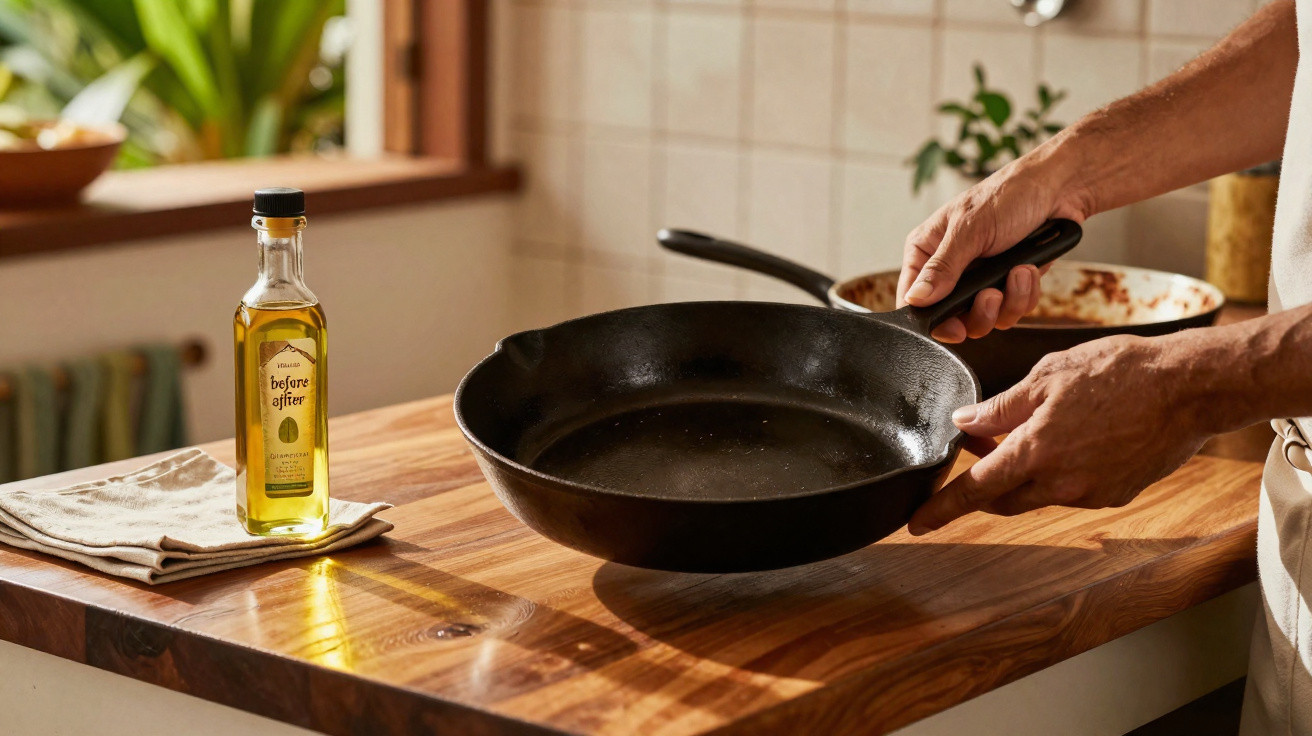 Person holding a black cast-iron skillet over a wooden kitchen countertop with olive oil bottle nearby.