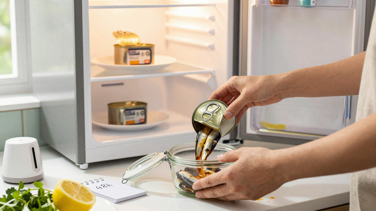 Person pouring sardines from an open tin into a glass container next to an open fridge on a kitchen counter.