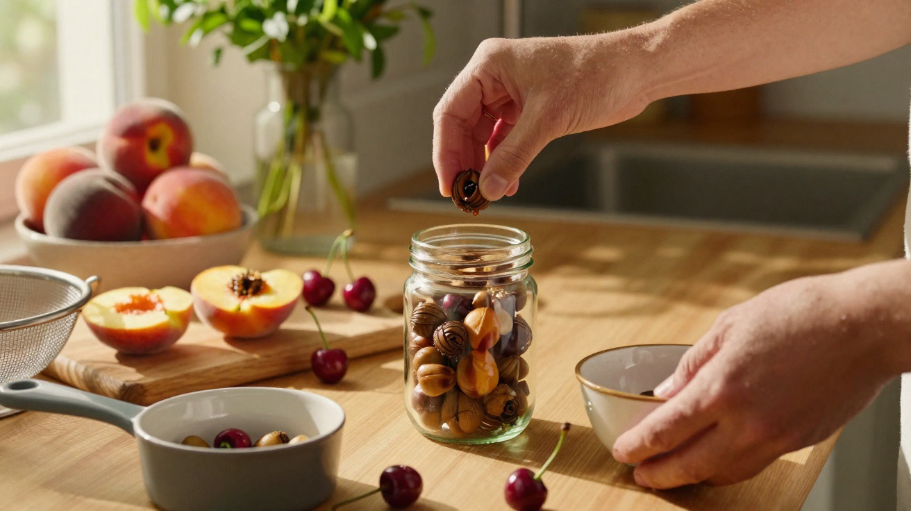 Person placing nuts into a glass jar on a kitchen counter with peaches and cherries nearby.