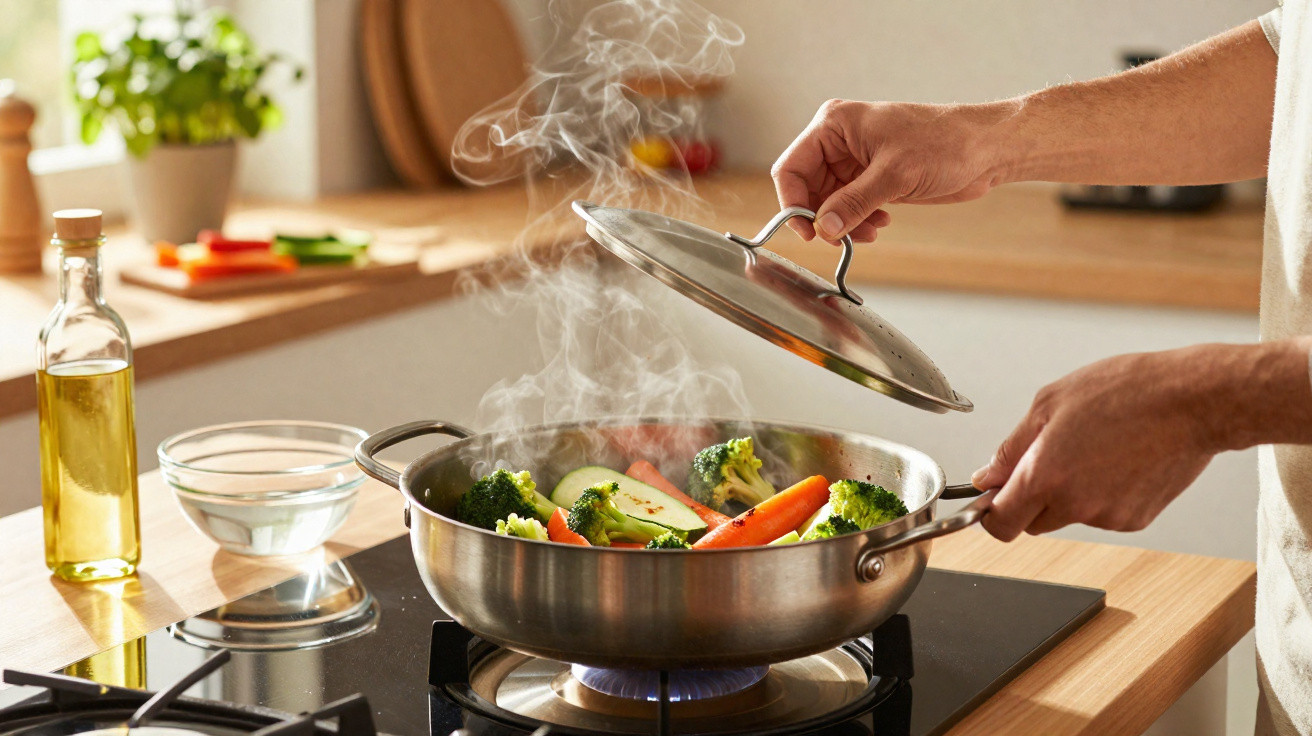 Hands lifting a lid off a steaming pan of mixed vegetables cooking on a gas stove in a kitchen.