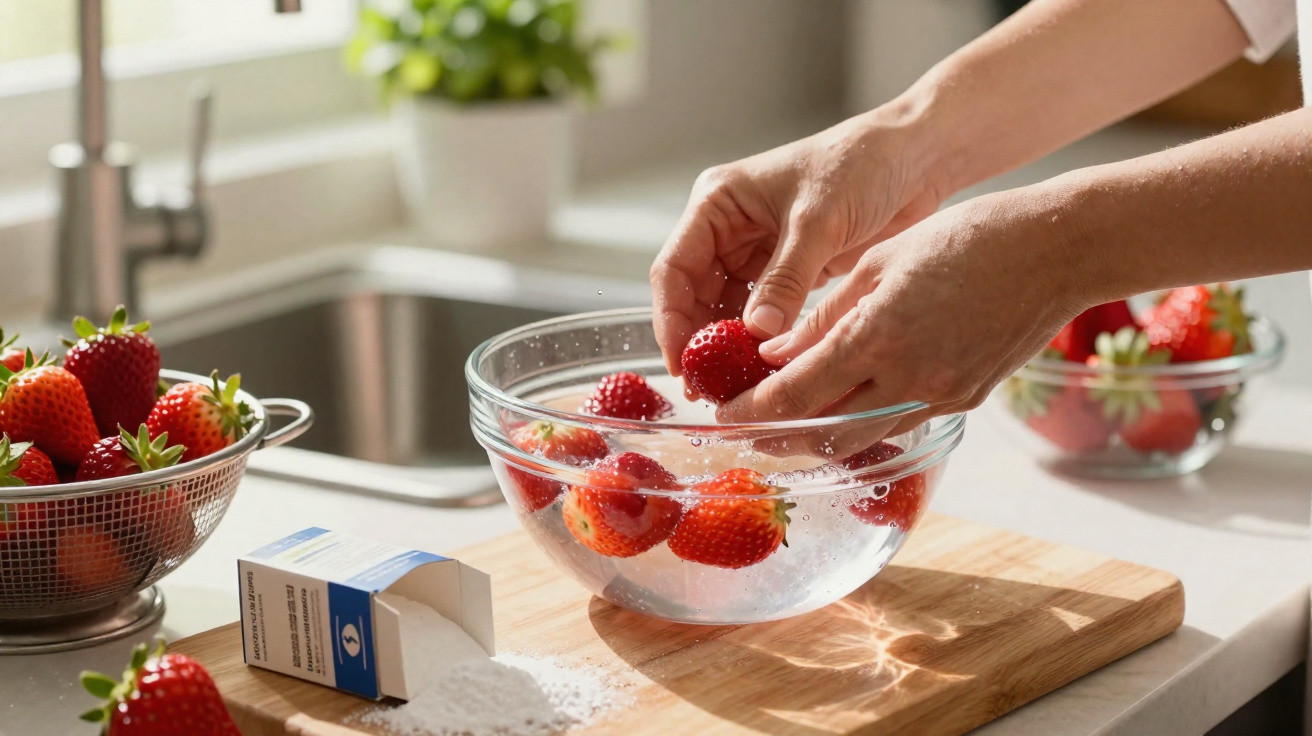 Hands washing strawberries in a glass bowl of water on a kitchen countertop with a wooden board and colander nearby
