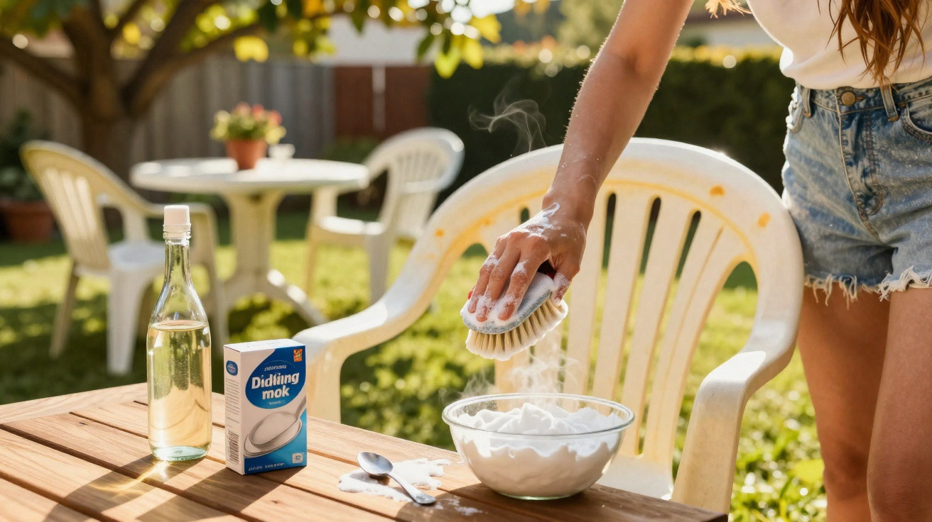Person cleaning a white plastic chair outdoors with a brush and foamy soap in a glass bowl on a sunny day.