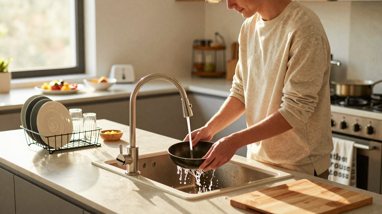 Person washing a frying pan under running tap in a modern kitchen with dishes drying rack nearby.