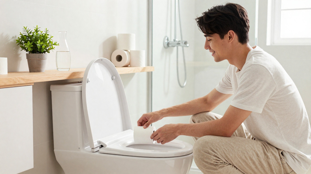 Young man placing toilet paper on a clean white toilet seat in a modern bathroom.