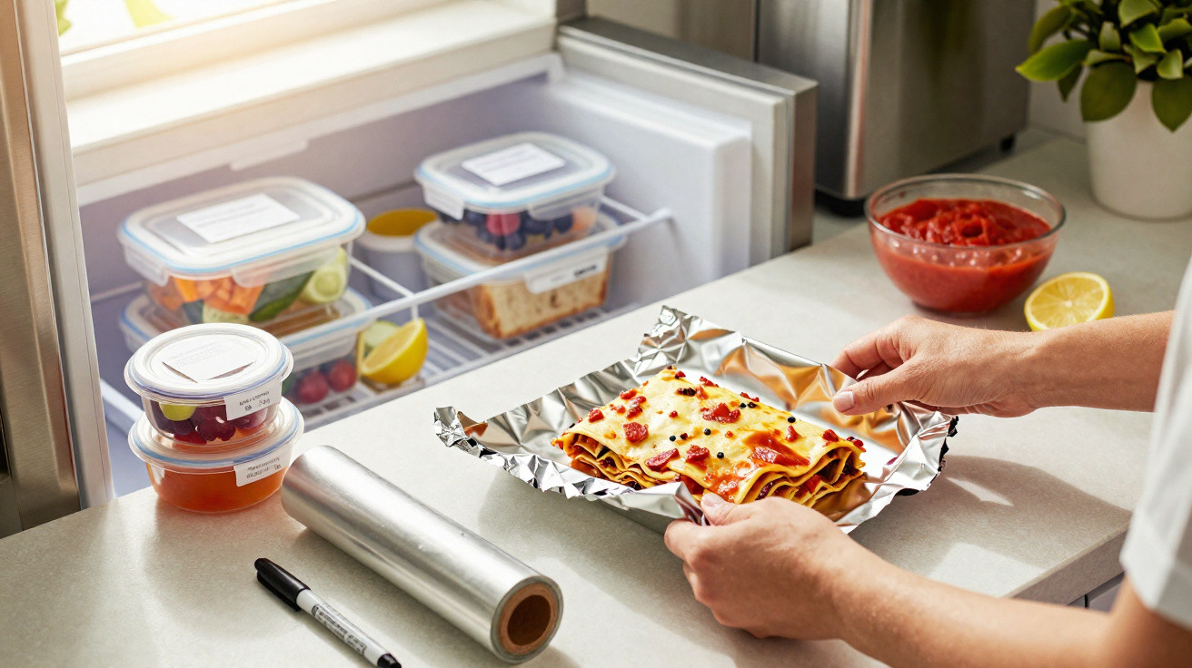Person wrapping lasagna with tomato sauce on kitchen counter next to open fridge and foil roll.