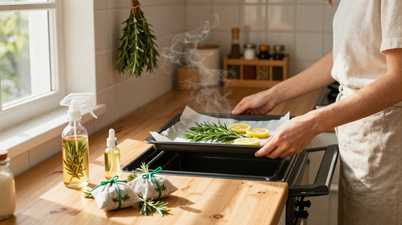 Person placing a tray with rosemary and lemon slices into a steaming oven in a bright kitchen.