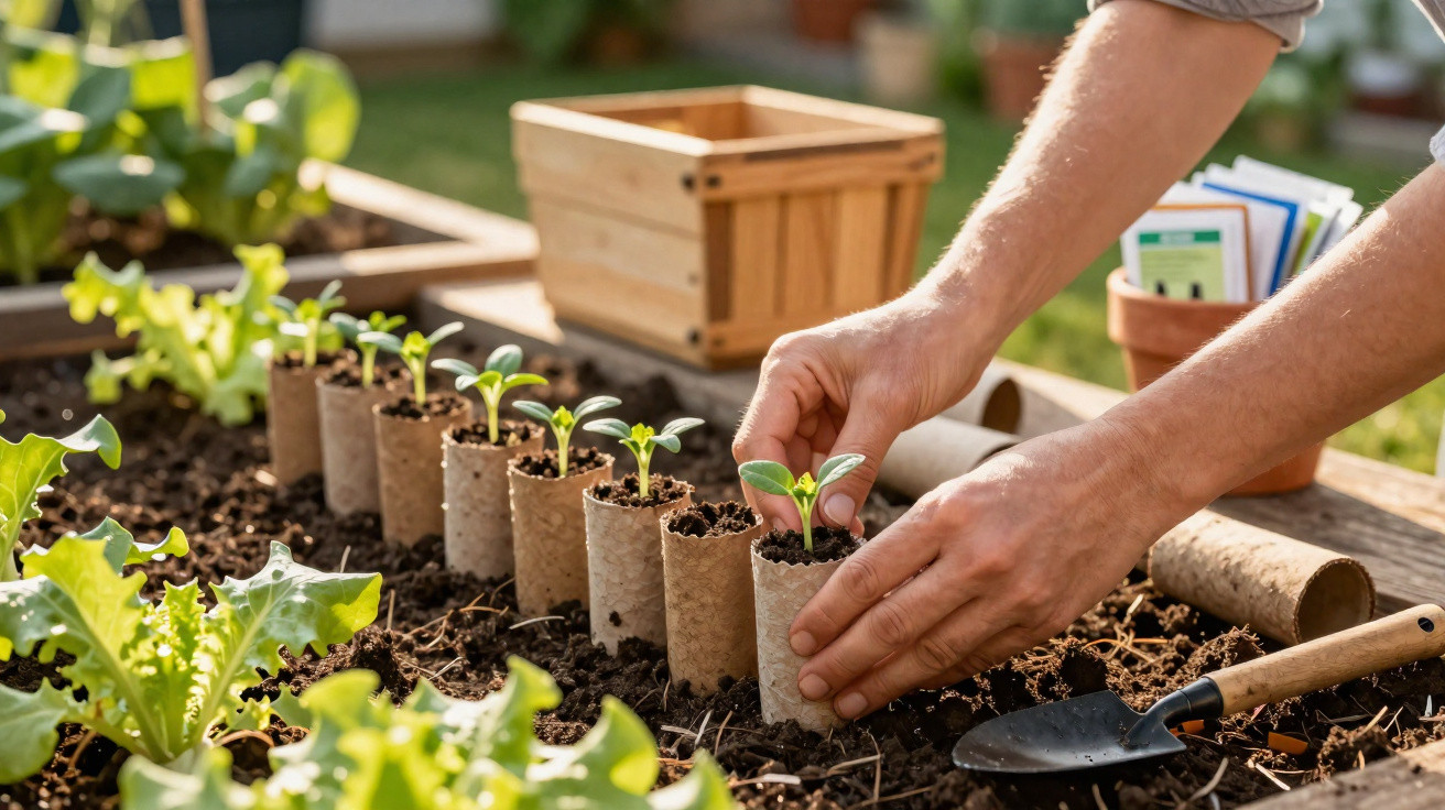 Hands planting seedlings in biodegradable pots arranged in soil with gardening tools and a wooden box nearby.