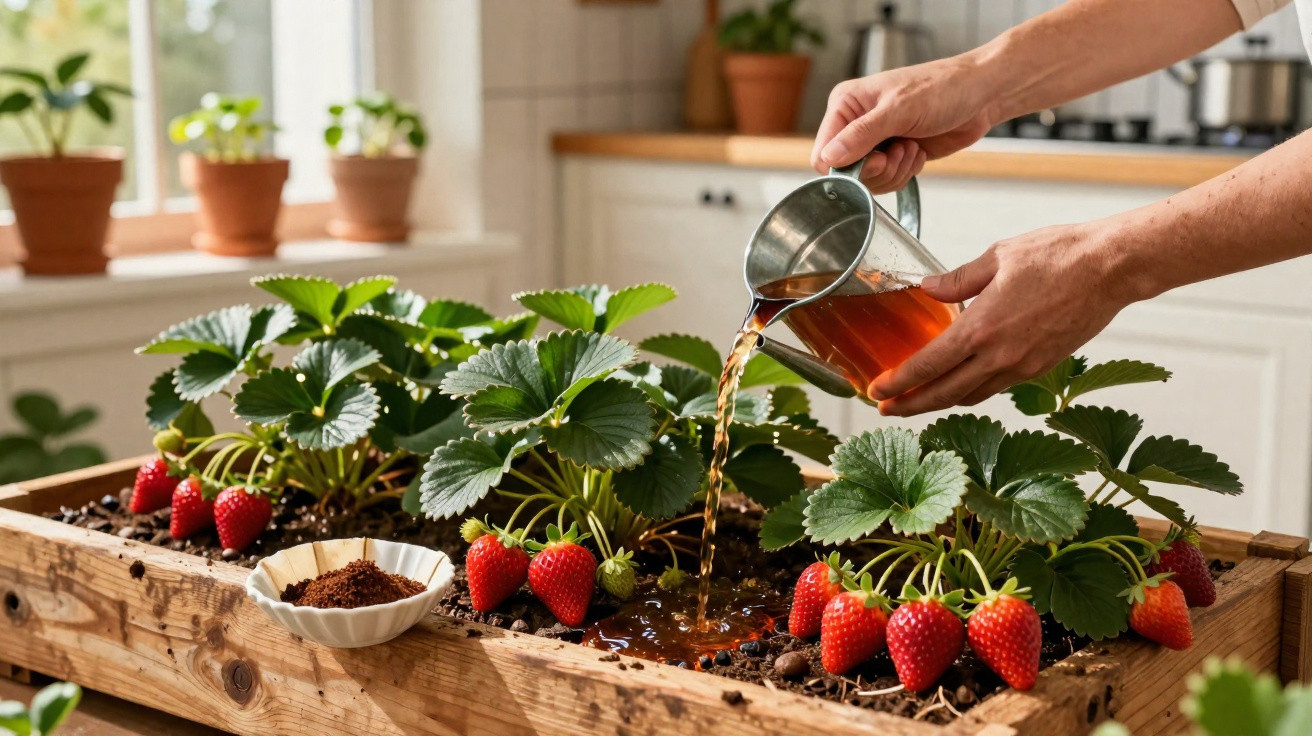 Hands pouring liquid from a metal jug onto strawberry plants in a wooden planter indoors near a window.