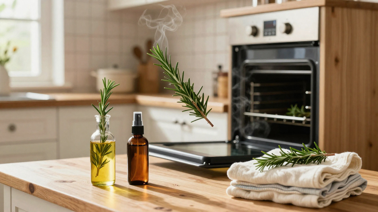 Glass bottles with rosemary sprigs on a kitchen counter, a floating rosemary sprig and folded towels nearby.