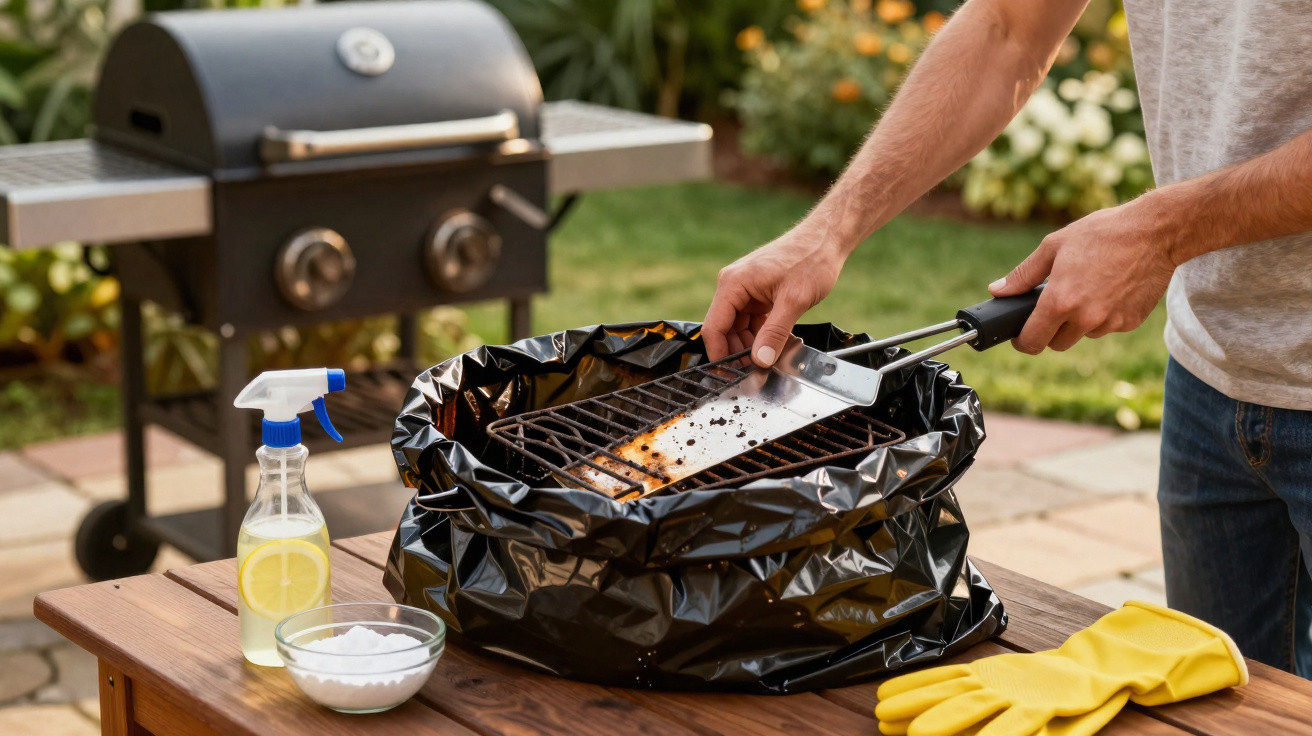 Person cleaning a barbecue grill grate over a bin-lined container on a wooden table outdoors.