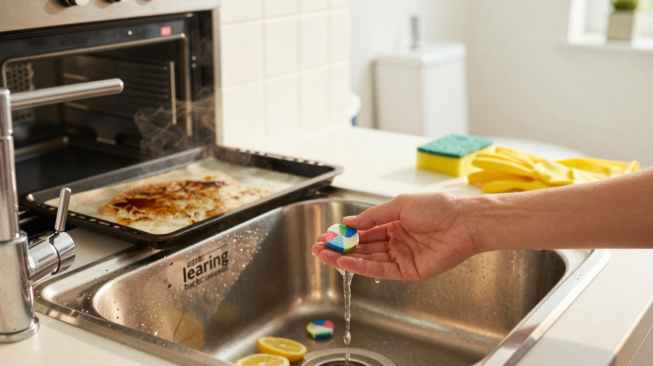 Hand holding a colourful dishwasher tablet over a kitchen sink with dirty baking tray and cleaning items nearby.