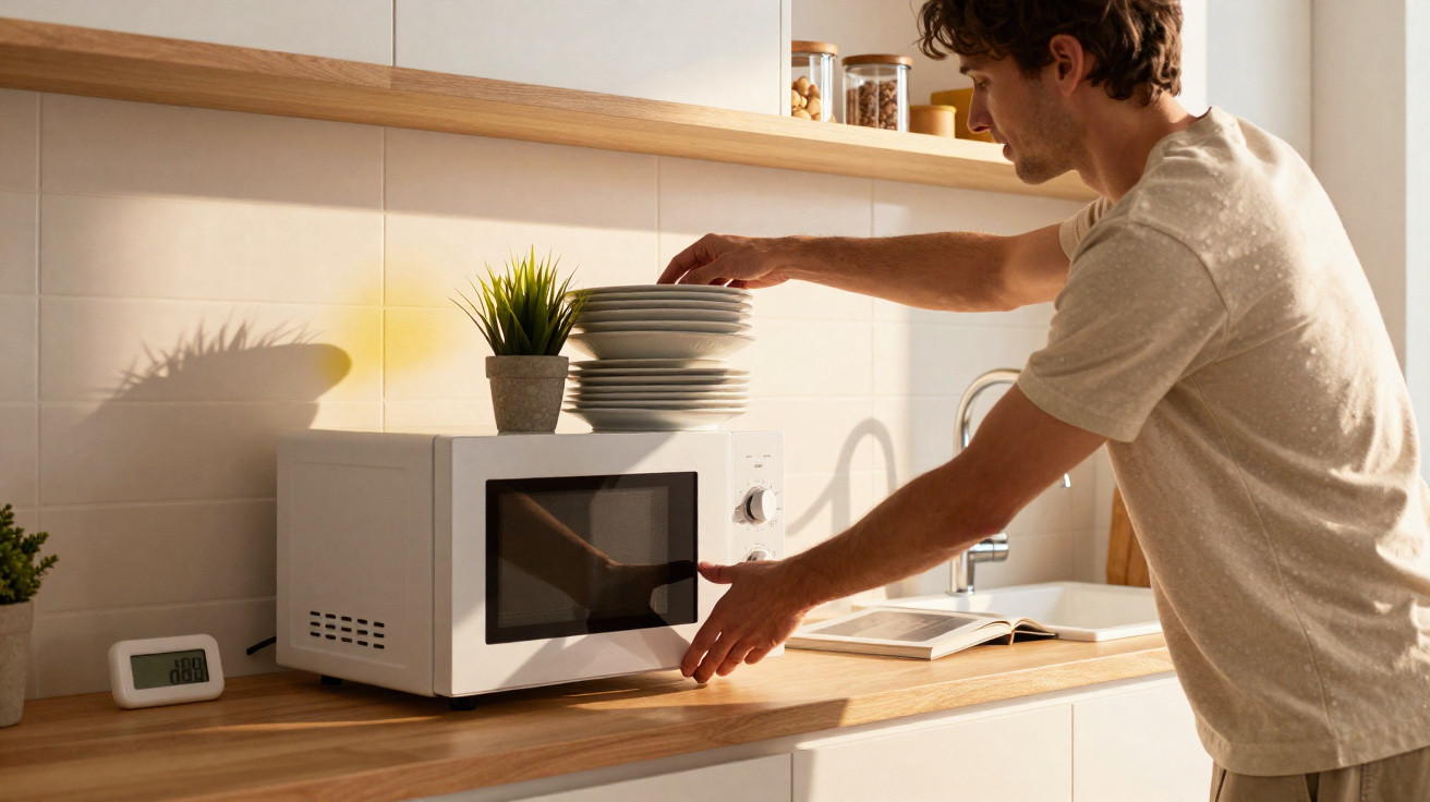 Man placing plates on top of a microwave in a bright kitchen with wooden countertops and white tiles.
