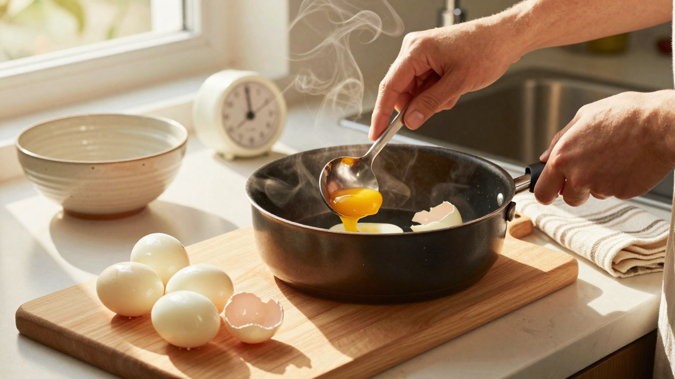 Hands cooking eggs in a frying pan with four boiled eggs and eggshells on a wooden chopping board nearby.