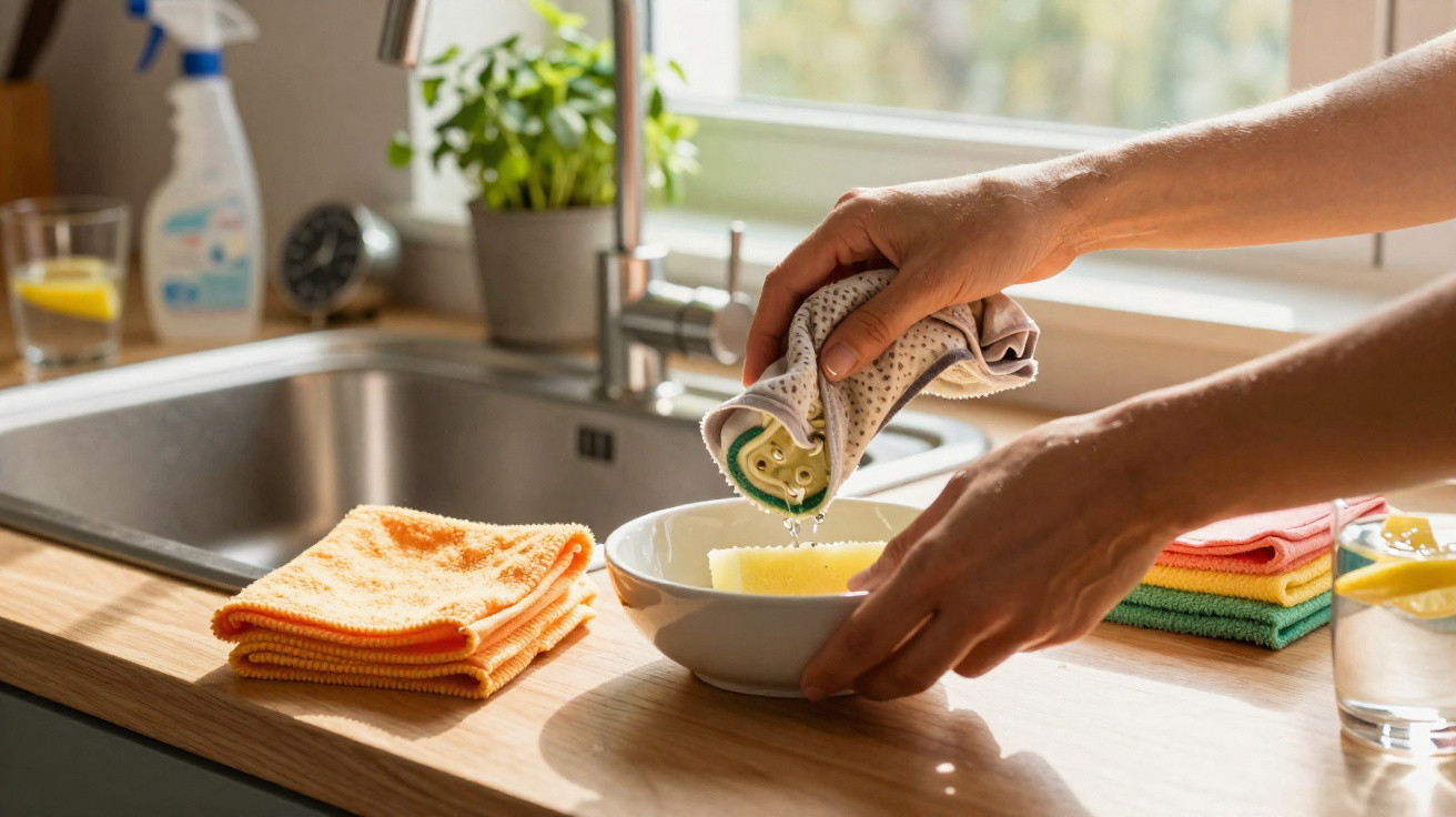 A person wringing out a wet sponge over a white bowl on a kitchen counter next to folded cloths and a glass of water.