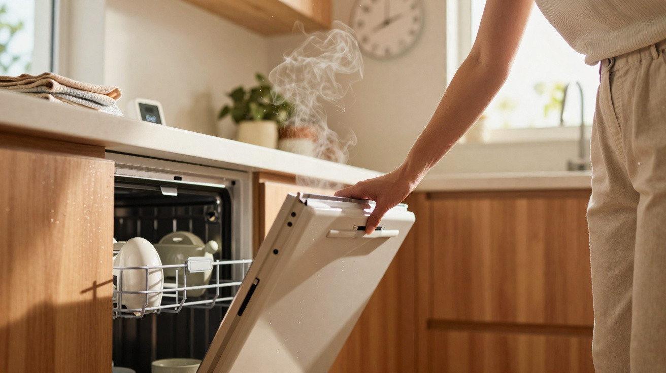 Hand opening a steaming dishwasher in a sunlit modern kitchen with wooden cabinets and white countertop.