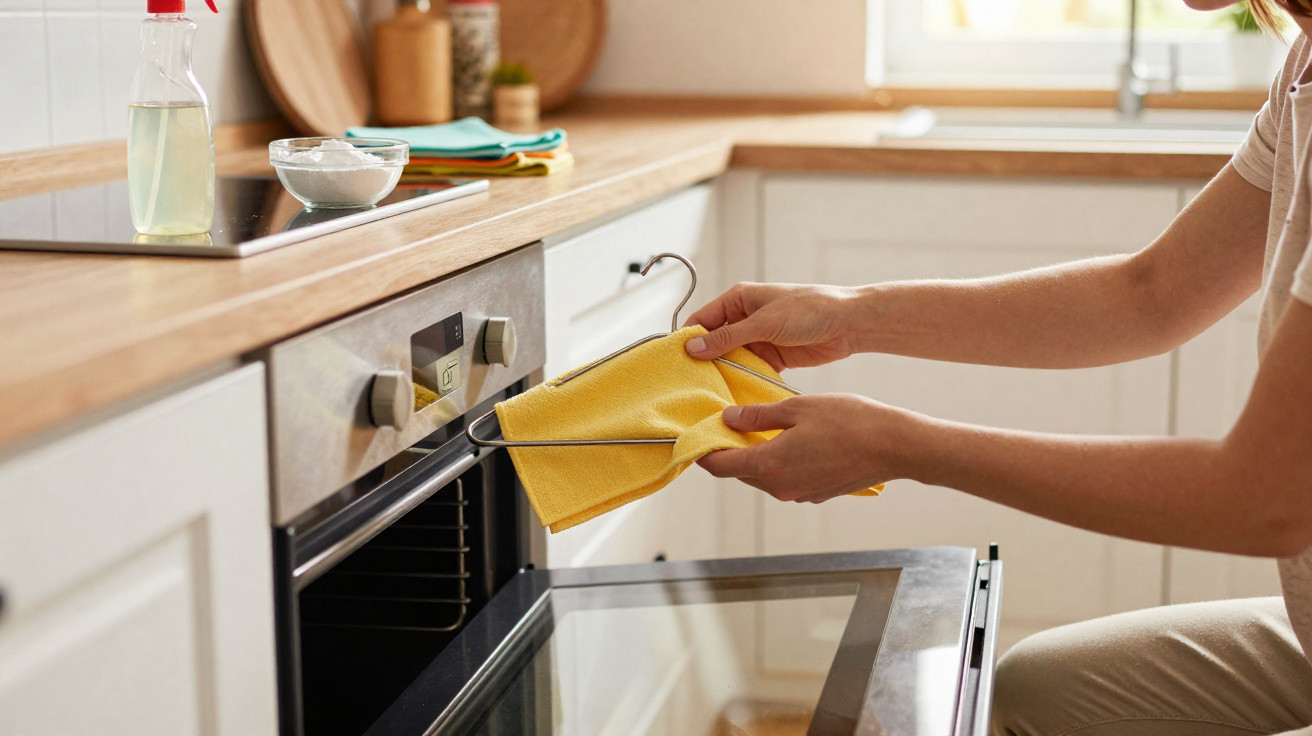 Person using a yellow oven mitt to open a modern oven in a bright, tidy kitchen.