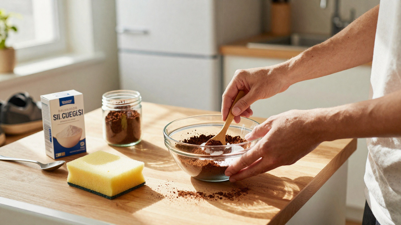Person mixing coffee grounds in a glass bowl on a wooden kitchen counter with cleaning sponge and spoon nearby