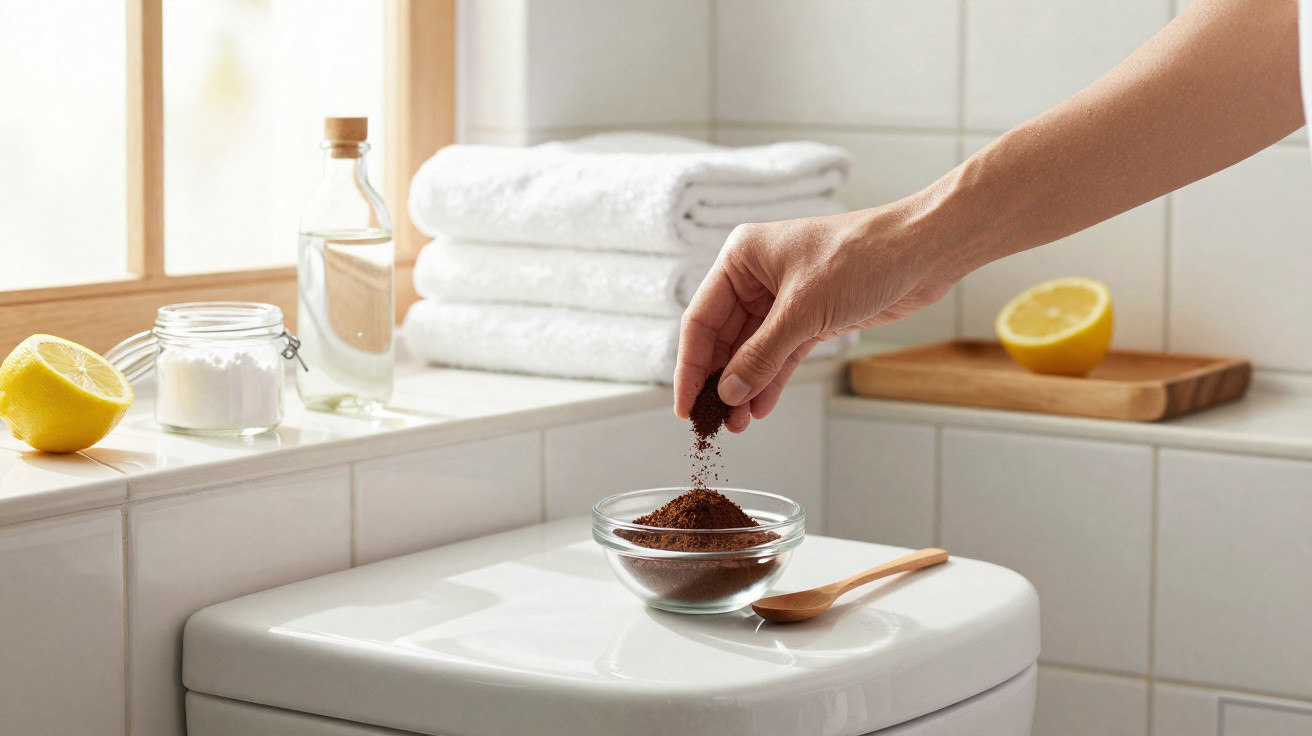 Hand sprinkling coffee grounds into a glass bowl in a bright bathroom with folded towels and lemon halves nearby.