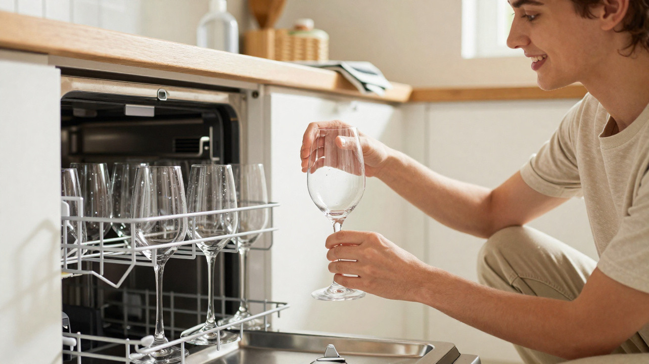 Person unloading clean wine glasses from an open dishwasher in a bright kitchen.