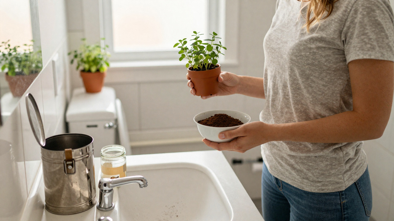 Person holding a small potted plant and a bowl of soil in a bright kitchen near the sink.