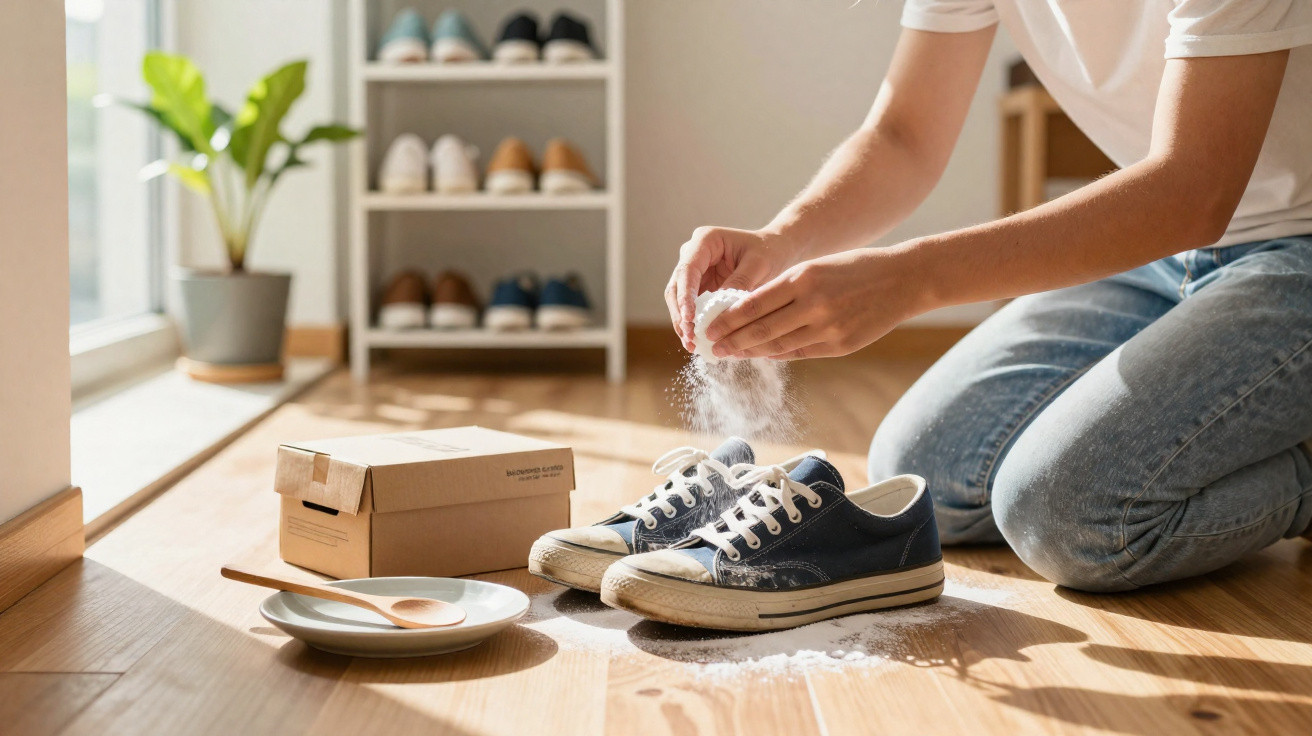 Person sprinkling baking soda on blue sneakers on wooden floor with shoe rack and plant in background