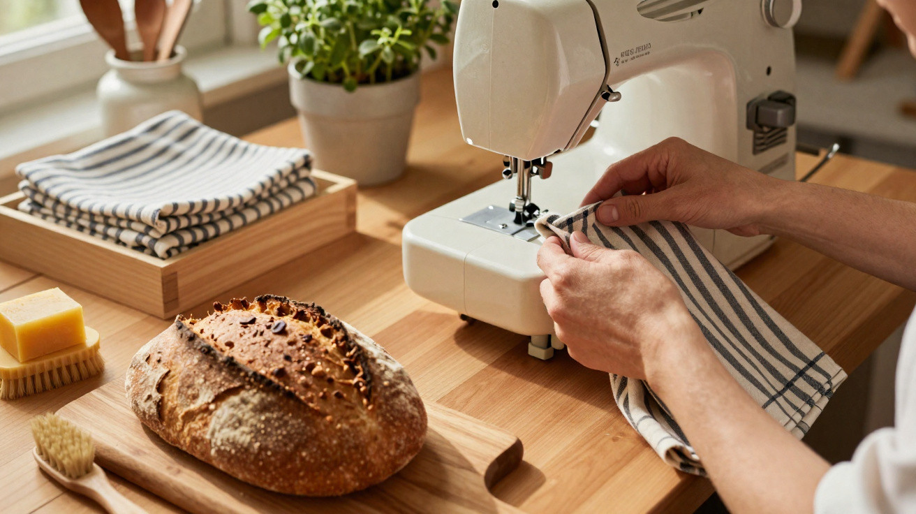 Hands using a sewing machine to stitch striped fabric on a wooden table with bread and cleaning brushes nearby.