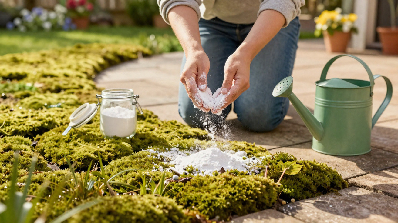 Person sprinkling white powder from hands onto moss in a garden with a green watering can nearby.