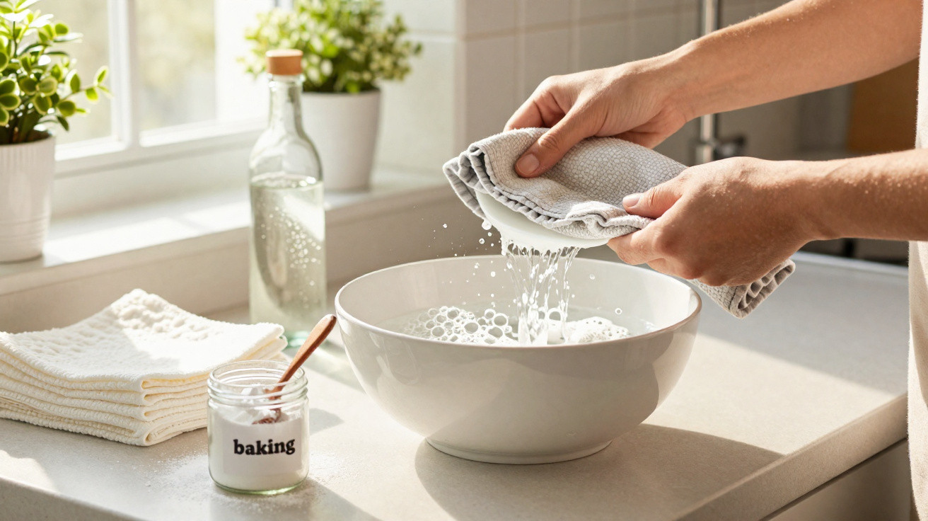 Hands wringing water from a cloth over a white bowl on a kitchen countertop with baking ingredients nearby.