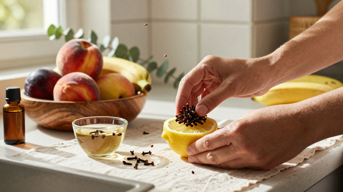 Hands studding a lemon with cloves on a kitchen counter next to a bowl of fruit and a glass of spiced tea.