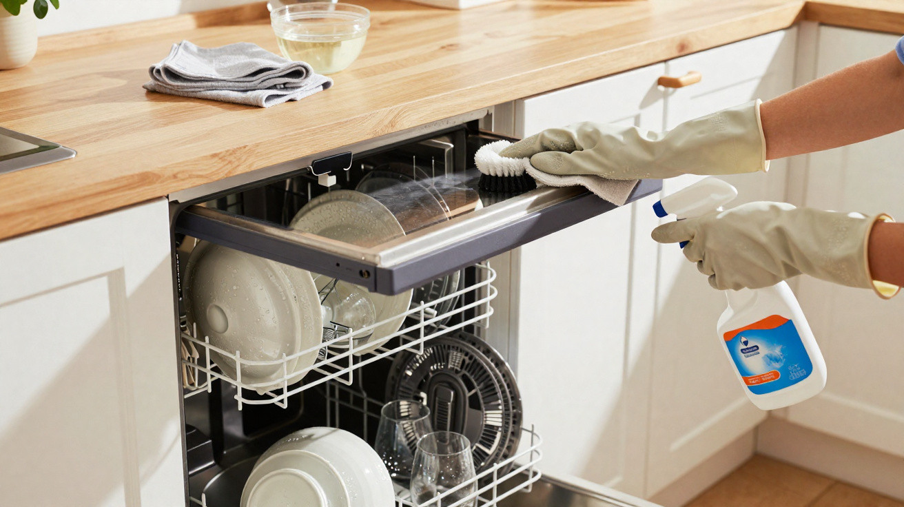 Person wearing rubber gloves cleaning the open dishwasher door with a brush and spray bottle in a kitchen.