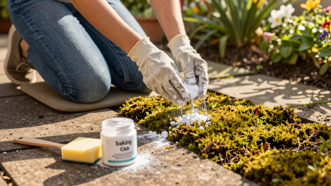 Person wearing gloves sprinkling baking soda onto moss growing between paving stones in a garden.