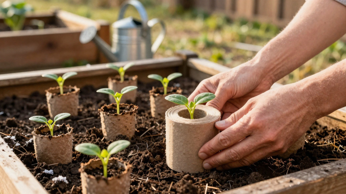Hands planting seedlings in biodegradable pots in a raised garden bed with a watering can in the background.