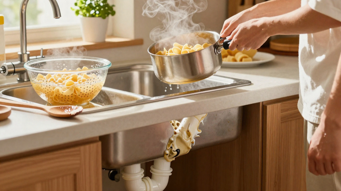 Person draining steaming pasta into sink with a cartoon face on the pipe beneath the sink