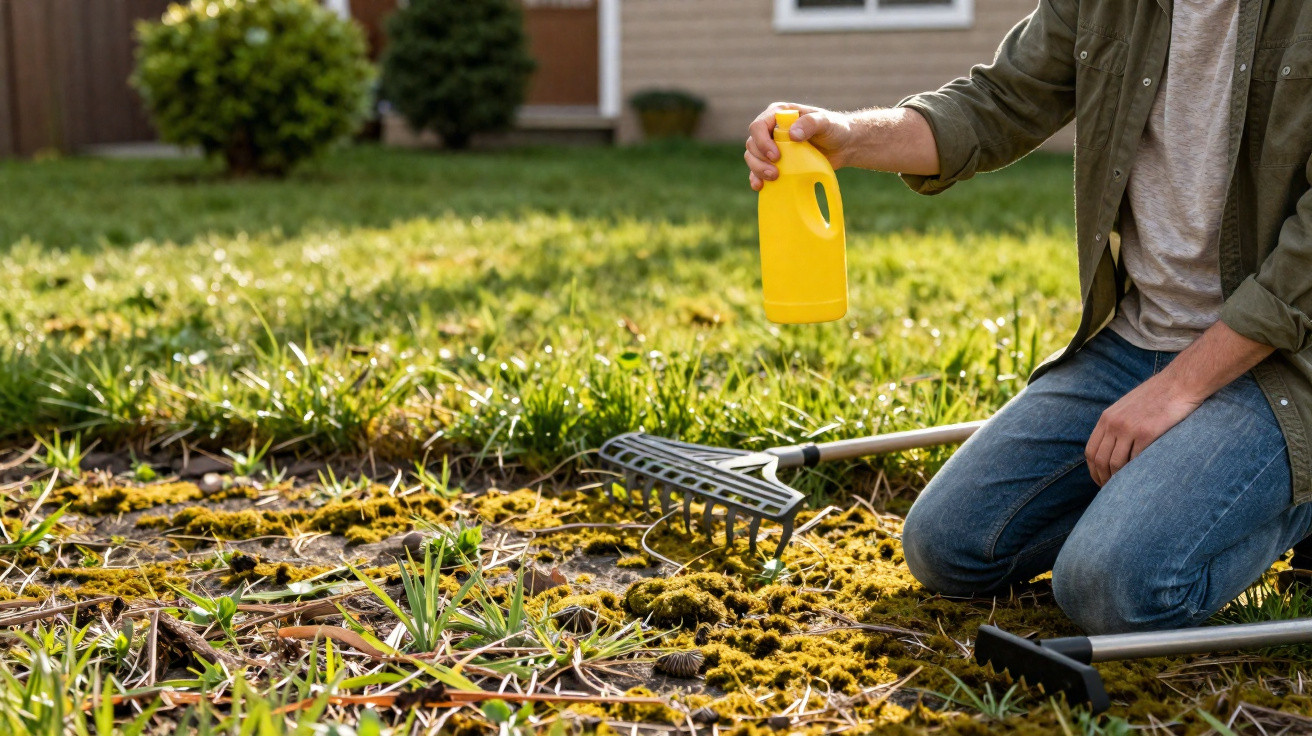 Person kneeling in garden holding a yellow spray bottle with gardening tools and mossy soil nearby.