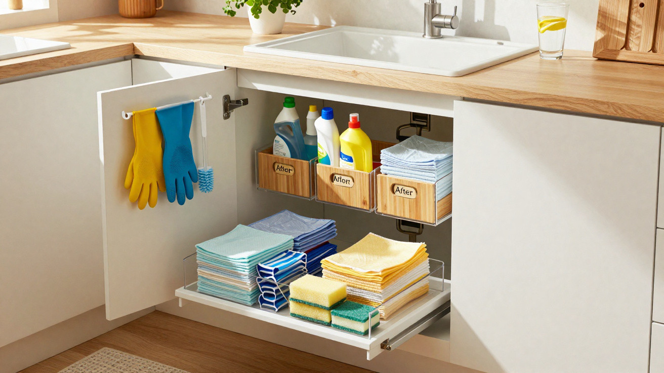 Organised kitchen cabinet under sink with cleaning gloves, brushes, bottles, cloths, and sponges on pull-out shelf.