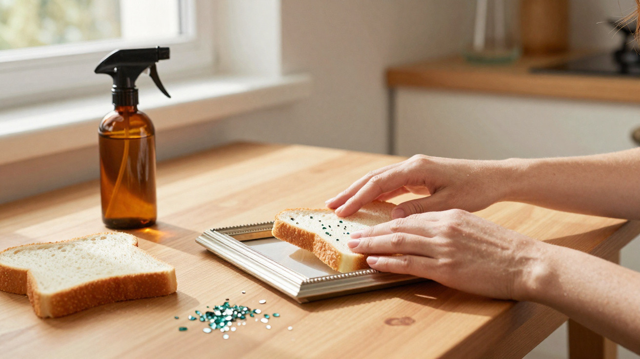 Hands placing a slice of bread with sequins on a framed mirror on a wooden table next to a spray bottle and another bread sli