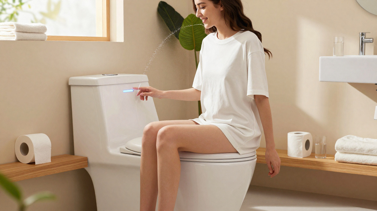 Woman sitting on a modern white bidet toilet activating the cleansing spray in a bright bathroom.