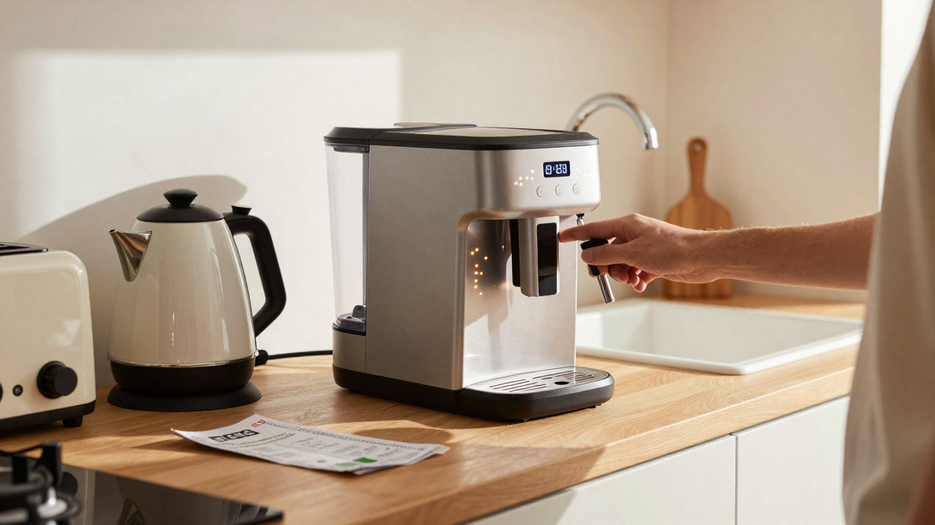 Person using a modern coffee machine on a wooden kitchen counter next to a kettle and toaster.