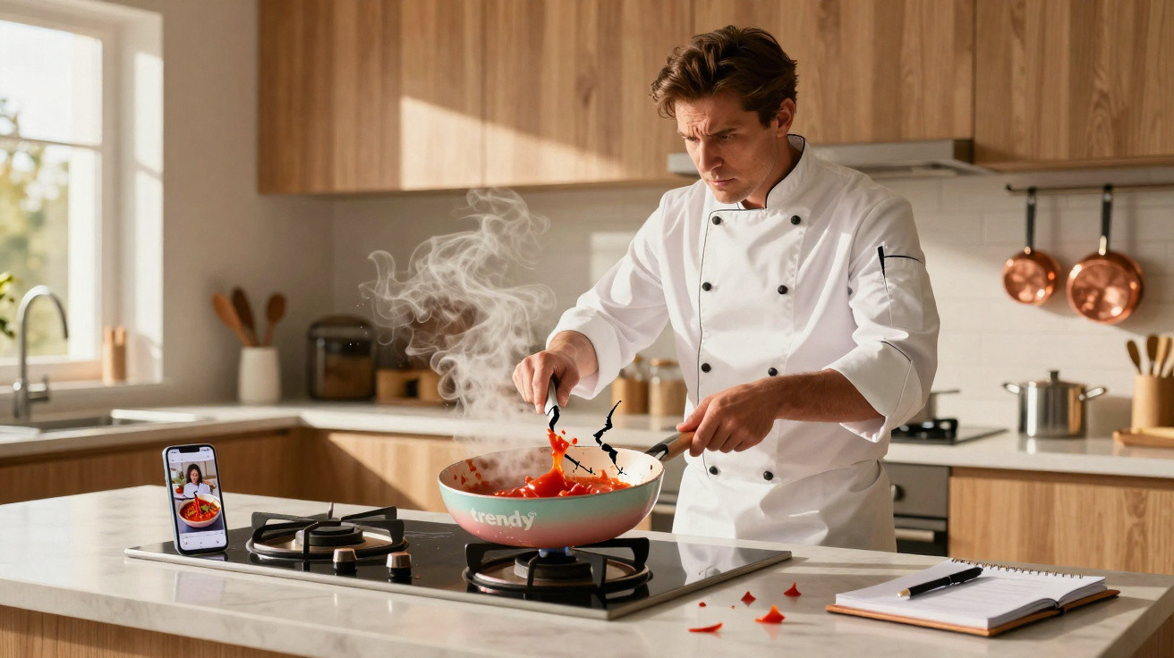 Chef in white uniform cooking spicy red dish in steaming frying pan on stove in modern kitchen.
