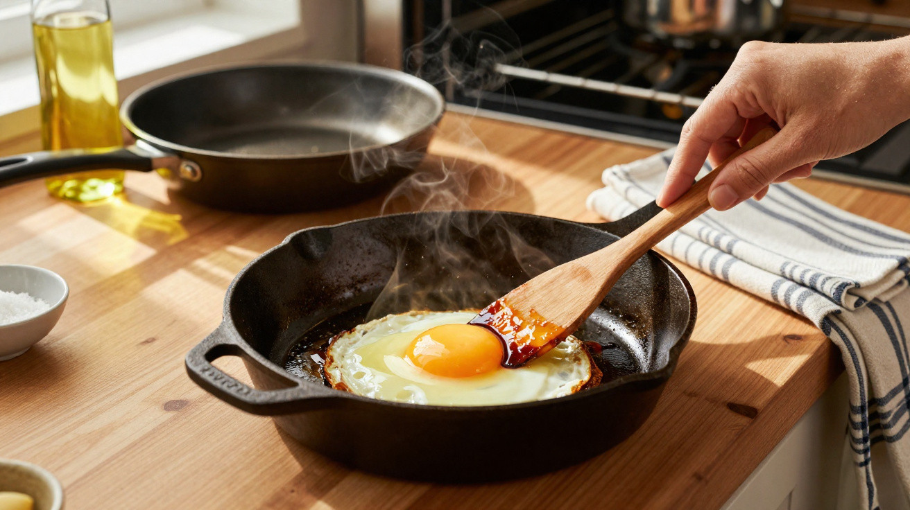 Hand cooking a sunny-side-up egg in a black cast iron frying pan on a wooden kitchen counter.