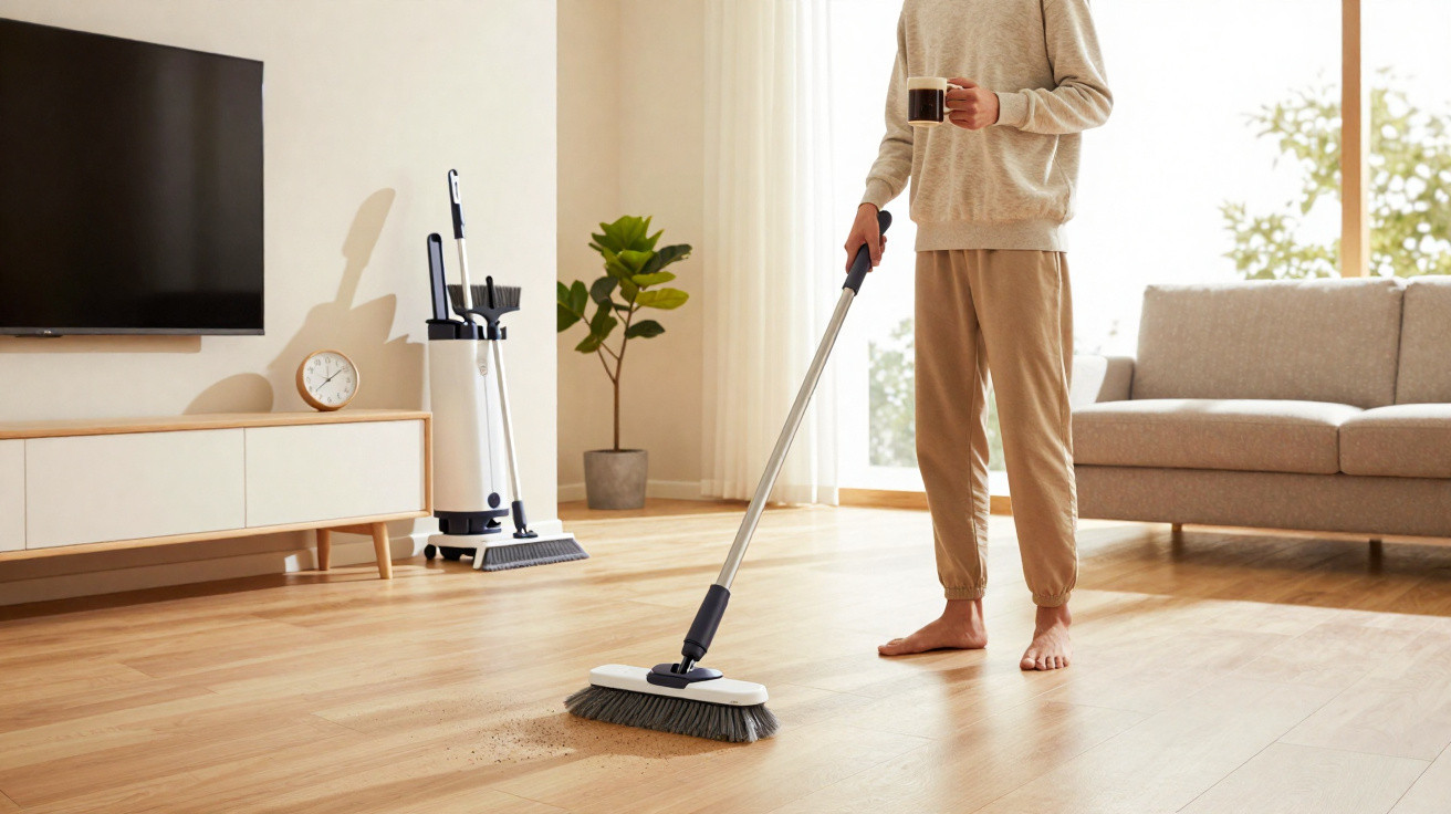 Person holding a mug and sweeping dust on a wooden floor in a bright living room.